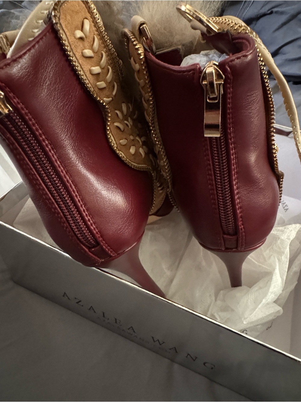 AKIRA Red and Tan Fur-Trim Lace-Up Stiletto Booties - Picture 11 of 16